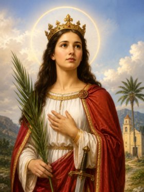 Retrato artístico de Santa Quitéria com halo dourado, vestes brancas e manto vermelho, segurando uma palma de martírio e uma espada, diante de uma pequena igreja em paisagem montanhosa sob céu iluminado