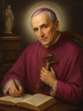 Retrato clássico de Santo Afonso de Ligório, representado como um bispo idoso com expressão serena e contemplativa. Ele veste paramentos episcopais em tons de vermelho e segura um crucifixo junto ao peito, simbolizando sua profunda devoção. Sentado à mesa, escreve em um livro aberto, sugerindo sua dedicação à teologia e à moral cristã. Ao fundo, há livros antigos - incluindo uma obra intitulada "Theologia Moralis" - e uma estátua religiosa, enquanto um suave halo ilumina sua cabeça, destacando sua santidade em uma atmosfera acolhedora e espiritual