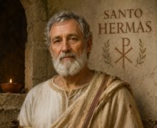 Ilustração realista de Santo Hermas, representado como um homem idoso de barba branca e cabelos grisalhos, vestindo túnica clara da época romana e segurando um pergaminho antigo com inscrições cristãs. Ao fundo há uma parede de pedra com o símbolo cristão Chi-Rho e a inscrição “Santo Hermas”, iluminados por uma luz suave em ambiente histórico e religioso
