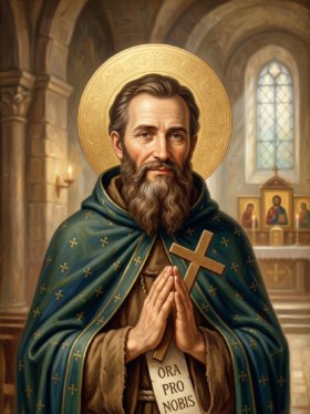 Retrato católico de Santo Hesíquio de Antioquia com manto verde decorado com cruzes, mãos em oração segurando um crucifixo e pergaminho Ora Pro Nobis, com fundo de igreja antiga do portal Nossos Santos Católicos