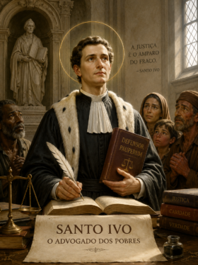 Imagem artística de Santo Ivo, conhecido como o Advogado dos Pobres, retratado em uma igreja iluminada por luz dourada. O santo aparece com vestes jurídicas e halo sagrado, segurando uma pena e um livro de direito, cercado por pessoas humildes que representam os pobres e necessitados. Sobre a mesa há livros simbolizando justiça, caridade e verdade, além de uma balança da justiça ao lado