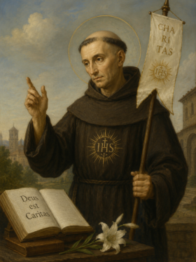 Ilustração religiosa de São Bernardino de Sena vestindo hábito franciscano escuro, com auréola dourada, segurando um estandarte com o símbolo “IHS”, ao lado de um livro aberto e lírios brancos, em cenário clássico inspirado na arte sacra renascentista