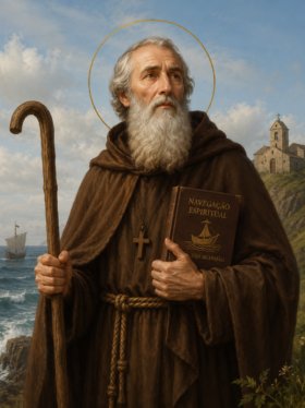 Ilustração devocional de São Brandão, monge idoso de barba branca e auréola dourada, vestindo hábito marrom e segurando um cajado e um livro, diante de um cenário marítimo com ondas, navio e igreja sobre penhasco ao fundo