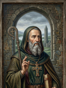 Retrato artístico de São Comgall de Bangor em estilo de pintura clássica. Ele é representado como um homem idoso de barba longa e grisalha, vestindo trajes monásticos em tons de verde escuro e marrom, com detalhes em nós celtas. O santo segura um cajado de abade em uma das mãos e um livro sagrado na outra. Ele está posicionado sob um arco de pedra que revela, ao fundo, uma paisagem irlandesa com uma torre redonda medieval e ruínas sob um céu nublado. Na base da imagem, há uma inscrição em estilo gótico onde se lê "São Comgall de Bangor