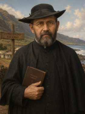 Imagem artística de São Damião de Molokai em estilo realista, retratado como um sacerdote católico com barba, óculos e chapéu preto, segurando um livro religioso diante da colônia de leprosos de Kalawao, no Havaí. Ao fundo aparecem o mar, montanhas e pequenas casas simples, simbolizando sua missão de cuidado e dedicação aos doentes