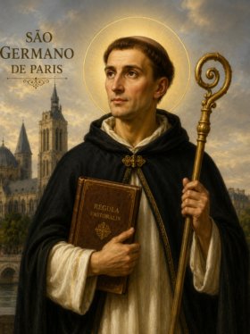 Retrato religioso clássico de São Germano de Paris com auréola dourada, vestes monásticas escuras e báculo episcopal nas mãos, segurando um livro antigo diante de uma catedral medieval ao fundo sob um céu iluminado em tons dourados.