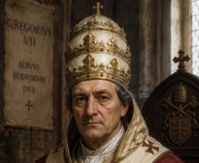 Homem retratado como São Gregório VII, usando vestes papais vermelhas e douradas e uma tiara ornamentada, sentado em um ambiente medieval de pedra dentro de uma igreja, com expressão séria e símbolos cristãos ao fundo