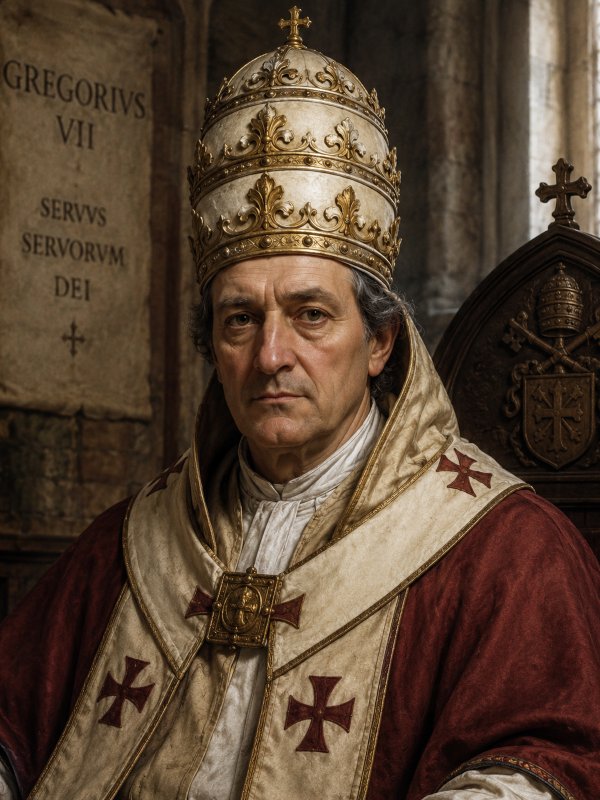 Homem retratado como São Gregório VII, usando vestes papais vermelhas e douradas e uma tiara ornamentada, sentado em um ambiente medieval de pedra dentro de uma igreja, com expressão séria e símbolos cristãos ao fundo