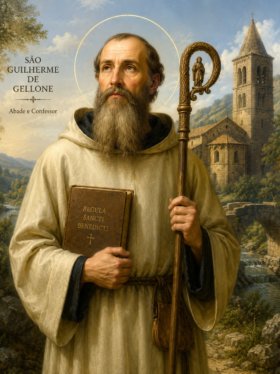 Retrato religioso de São Guilherme de Gellone em estilo realista medieval, vestindo hábito monástico claro, segurando um cajado de abade e um livro antigo, com auréola dourada ao redor da cabeça. Ao fundo, uma igreja românica de pedra, ponte medieval e paisagem montanhosa iluminada por luz suave, transmitindo paz e espiritualidade