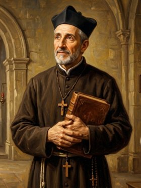 Pintura a óleo de São João de Ávila, retratado como um sacerdote de meia-idade com barba grisalha, vestindo batina preta e barrete. Ele segura um livro antigo contra o peito em uma sala de pedra rústica que lembra uma sacristia ou capela. Ao fundo, vê-se um altar com um crucifixo, uma mesa com livros e penas de escrita, e uma iluminação suave vinda de uma janela lateral
