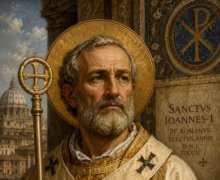 Retrato artístico de São João I, Papa eleito em 523 no século VI, usando vestes papais brancas e douradas, segurando um livro com a inscrição “Evangelium” e fazendo gesto de bênção, em cenário clássico inspirado na Roma cristã antiga