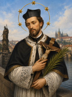 Ilustração religiosa de São João Nepomuceno vestindo trajes sacerdotais ornamentados em preto e branco, segurando um crucifixo e uma palma do martírio, com auréola de estrelas douradas. Ao fundo, ponte de pedra sobre o rio e paisagem histórica de Praga sob céu azul