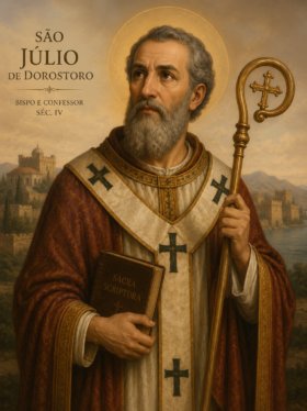 Retrato religioso de São Júlio de Dorostoro vestido com paramentos episcopais vermelhos e dourados, segurando um báculo e um livro sagrado, com auréola dourada ao fundo e paisagem antiga ao estilo bizantino ao redor