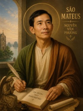 Retrato religioso artístico de São Mateus Nguyễn Văn Phuong sentado à mesa escrevendo o Evangelho com uma pena, iluminado por luz dourada suave, com auréola ao redor da cabeça, vestes tradicionais e cenário inspirado na arquitetura cristã vietnamita ao fundo.