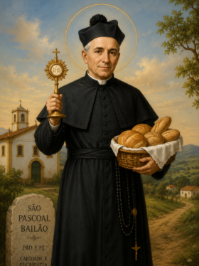 Ilustração religiosa de São Pascoal Bailão em pé, vestindo hábito escuro, segurando uma custódia dourada e um cesto de pães, com auréola ao redor da cabeça. Ao fundo há uma pequena igreja em paisagem campestre, simbolizando sua devoção à Eucaristia e à caridade cristã