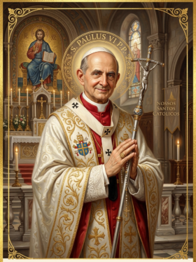 Pintura digital de São Paulo VI sorridente, representado como santo católico com uma auréola dourada. Veste vestes papais ornamentadas em branco, vermelho e dourado, traz o pálio sobre os ombros e segura a cruz pastoral. Ao fundo, o interior de uma igreja com altar, uma imagem de Jesus Cristo e um estandarte escrito Nossos Santos Católicos. Na base, uma faixa branca com o texto São Paulo VI, Papa - Pai e Pastor, Modelo de Fé e Esperança.