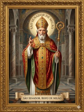 Pintura digital em estilo clássico de arte sacra retratando São Senador de Milão, inserida em uma moldura retangular dourada ricamente ornamentada. O santo é representado de corpo inteiro como um bispo católico maduro de pele clara, com olhar sereno e uma longa barba cheia e grisalha. Ele veste paramentos litúrgicos solenes, incluindo uma alva branca com detalhes dourados na barra, uma estola decorada e uma casula vermelha com detalhes internos em verde, ornamentada com bordados dourados e pedras preciosas. Na cabeça, traz uma mitra episcopal dourada adornada com joias e, ao redor dela, destaca-se uma grande auréola dourada circular com a inscrição em letras maiúsculas "SÃO SENADOR DE MILÃO". Com a mão direita, ele faz um gesto de bênção, enquanto com a mão esquerda segura um báculo pastoral dourado com extremidade em espiral. O cenário ao fundo recria o interior imponente de uma catedral antiga com colunas clássicas de mármore e arcos arquitetônicos decorados com afrescos sacros. Na base do retrato, há uma faixa em formato de pergaminho horizontal com o texto em letras maiúsculas: "SÃO SENADOR, BISPO DE MILÃO".