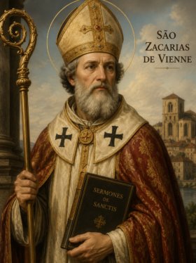 Retrato religioso de São Zacarias de Vienne vestido com ricos trajes episcopais dourados e vermelhos, segurando um báculo e um livro sagrado, com auréola iluminada ao redor da cabeça e uma antiga cidade ao fundo sob céu suave e sereno.