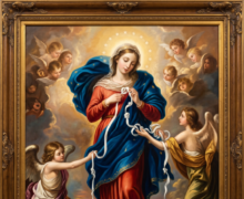 Pintura digital de estilo clássico barroco representando Nossa Senhora Desatadora dos Nós, emoldurada por uma moldura de madeira esculpida com detalhes dourados. A Virgem Maria está no centro, vestindo uma túnica vermelha e um manto azul-escuro esvoaçante decorado com estrelas, rodeada por uma auréola de doze estrelas luminosas. Com semblante sereno, ela desata os nós de uma fita branca comprida. Dois anjos a amparam nas laterais: o da esquerda segura a fita cheia de nós e o da direita recebe a fita já desatada e lisa. Sob os pés de Maria, encontra-se uma lua crescente e uma serpente retorcida sobre o globo terrestre. No fundo, nuvens celestiais e querubins emolduram a cena, com uma pequena silhueta de um homem e um anjo caminhando no canto inferior direito