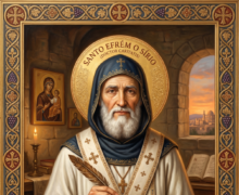 Pintura digital em estilo clássico de Santo Efrém de Edessa representado de meio corpo, inserida numa moldura dourada ornamentada com uvas e cruzes. O santo é retratado como um homem maduro de barba branca, olhar sereno e uma auréola dourada luminosa. Ele veste uma túnica branca sob um capuz e manto azul-escuro com uma estola litúrgica decorada com cruzes. Com a mão direita, segura uma pena de escrita e um pergaminho aberto com inscrições litúrgicas em latim, incluindo 'Hymni, Sermones, Poesis Divina'. A sua mão esquerda repousa sobre um livro sagrado antigo. O cenário ao fundo recria um ambiente monástico com uma janela em arco revelando uma cidade ao pôr do sol. Na base, uma placa traz a inscrição: 'Santo Efrém de Edessa - Diácono, Poeta e Doutor da Igreja (c. 306 - 373)'.