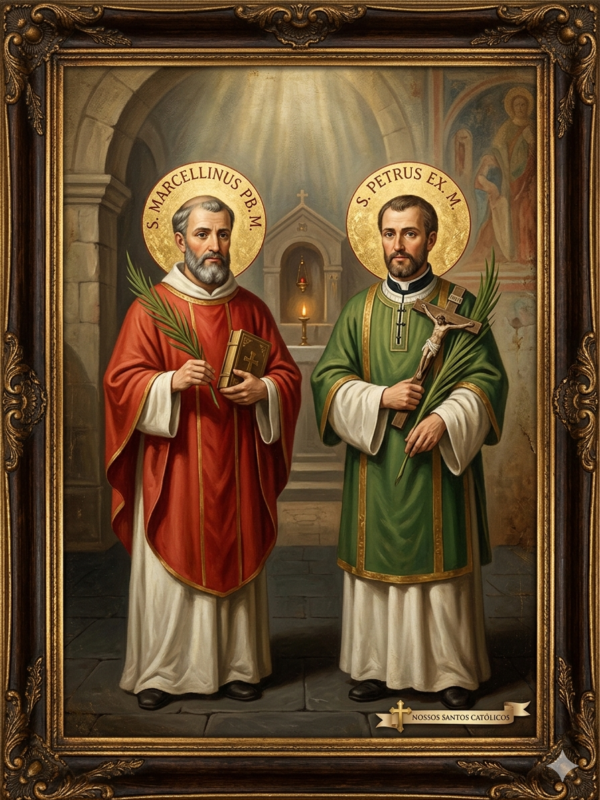 Pintura digital em estilo clássico de retrato católico representando Santos Marcelino e Pedro, inserida em uma moldura de madeira escura com ornamentos esculpidos e detalhes dourados. À esquerda, São Marcelino é retratado de meio corpo como um sacerdote maduro de barba grisalha, com uma auréola dourada circular com a inscrição "S. MARCELLINUS PB. M.". Ele veste uma túnica branca sob uma casula litúrgica vermelha com detalhes dourados, segurando uma palma de martírio verde na mão direita e um livro bíblico antigo com uma cruz na capa com a mão esquerda. À direita, São Pedro é retratado de meio corpo como um homem jovem de barba curta e castanha, com uma auréola dourada circular com a inscrição "S. PETRUS EX. M.". Ele veste uma túnica branca sob uma dalmática ou túnica litúrgica verde com bordados dourados, segurando uma palma de martírio verde na mão esquerda e um crucifixo de madeira rústica erguido com a mão direita. O cenário ao fundo recria o interior de uma capela ou cripta de pedra com um arco arquitetônico iluminado por raios de sol celestiais e um pequeno altar com uma vela acesa. Na base do retrato, encontra-se uma pequena faixa branca em formato de pergaminho com o texto: "NOSSOS SANTOS CATÓLICOS".