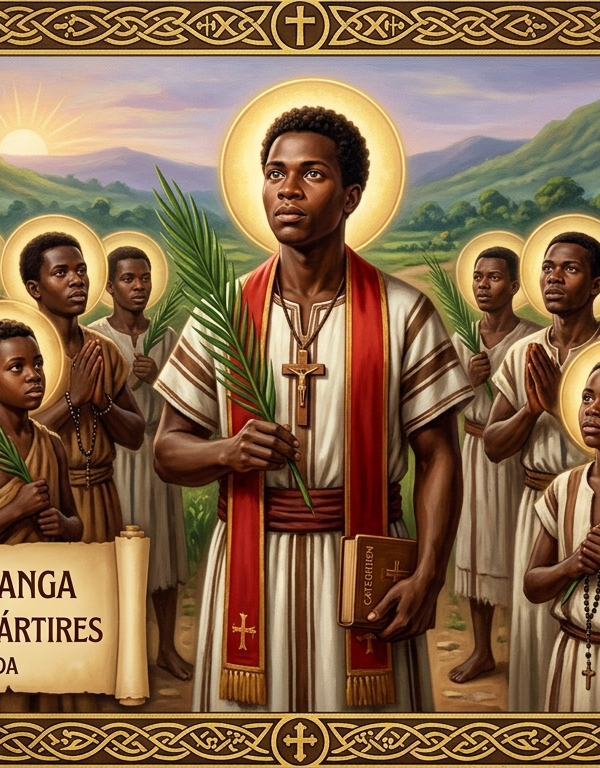 Retrato religioso de São Carlos Lwanga e companheiros mártires africanos, segurando ramos de palma em uma paisagem de Uganda.