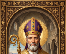 Pintura digital em estilo clássico de arte sacra retratando São Gregório Taumaturgo, inserida numa moldura retangular escura ricamente ornamentada com relevos dourados. O santo é representado de meio corpo como um bispo maduro de olhar sereno e barba branca cheia. Ele veste paramentos litúrgicos solenes em tons de roxo e dourado, traz uma mitra episcopal ornamentada na cabeça e uma grande auréola dourada circular ao fundo. Na mão direita segura um báculo pastoral dourado e na esquerda ampara um livro litúrgico com uma cruz na capa. O cenário ao fundo recria o interior de uma igreja antiga de pedra com arcos arquitetónicos e uma vista para o mar. Na base do retrato, uma faixa traz a inscrição: São Gregório Taumaturgo, Trabalhador de Milagres, Bispo de Neocesaréia