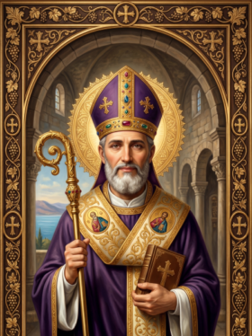 Pintura digital em estilo clássico de arte sacra retratando São Gregório Taumaturgo, inserida numa moldura retangular escura ricamente ornamentada com relevos dourados. O santo é representado de meio corpo como um bispo maduro de olhar sereno e barba branca cheia. Ele veste paramentos litúrgicos solenes em tons de roxo e dourado, traz uma mitra episcopal ornamentada na cabeça e uma grande auréola dourada circular ao fundo. Na mão direita segura um báculo pastoral dourado e na esquerda ampara um livro litúrgico com uma cruz na capa. O cenário ao fundo recria o interior de uma igreja antiga de pedra com arcos arquitetónicos e uma vista para o mar. Na base do retrato, uma faixa traz a inscrição: São Gregório Taumaturgo, Trabalhador de Milagres, Bispo de Neocesaréia