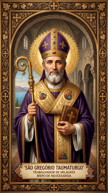 Pintura digital em estilo clássico de arte sacra retratando São Gregório Taumaturgo, inserida numa moldura retangular escura ricamente ornamentada com relevos dourados. O santo é representado de meio corpo como um bispo maduro de olhar sereno e barba branca cheia. Ele veste paramentos litúrgicos solenes em tons de roxo e dourado, traz uma mitra episcopal ornamentada na cabeça e uma grande auréola dourada circular ao fundo. Na mão direita segura um báculo pastoral dourado e na esquerda ampara um livro litúrgico com uma cruz na capa. O cenário ao fundo recria o interior de uma igreja antiga de pedra com arcos arquitetónicos e uma vista para o mar. Na base do retrato, uma faixa traz a inscrição: São Gregório Taumaturgo, Trabalhador de Milagres, Bispo de Neocesaréia