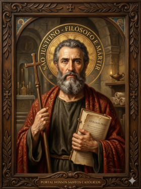 Retrato católico de São Justino Filósofo e Mártir representado de meio corpo, inserido em uma moldura de madeira escura ricamente entalhada com detalhes de folhas e uma cruz no topo. O santo é retratado como um homem maduro, com cabelos curtos e uma barba cheia e grisalha, cercado por uma grande auréola dourada luminosa onde se lê a inscrição "SÃO JUSTINO - FILÓSOFO E MÁRTIR". Ele veste uma túnica escura sob um manto vermelho estampado com arabescos dourados. Com a mão direita, segura firmemente um crucifixo de madeira rústica; com a mão esquerda, ampara um livro antigo aberto onde se lê a inscrição "APOLOGIA PRIMA". O cenário ao fundo recria o interior de uma capela de pedra, exibindo um altar iluminado por velas e uma lamparina acesa sobre uma prateleira com pergaminhos enrolados. Na base, uma placa de madeira traz a inscrição "PORTAL NOSSOS SANTOS CATÓLICOS".