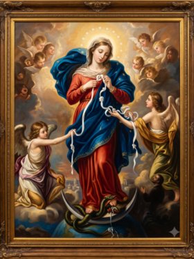 Pintura digital de estilo clássico barroco representando Nossa Senhora Desatadora dos Nós, emoldurada por uma moldura de madeira esculpida com detalhes dourados. A Virgem Maria está no centro, vestindo uma túnica vermelha e um manto azul-escuro esvoaçante decorado com estrelas, rodeada por uma auréola de doze estrelas luminosas. Com semblante sereno, ela desata os nós de uma fita branca comprida. Dois anjos a amparam nas laterais: o da esquerda segura a fita cheia de nós e o da direita recebe a fita já desatada e lisa. Sob os pés de Maria, encontra-se uma lua crescente e uma serpente retorcida sobre o globo terrestre. No fundo, nuvens celestiais e querubins emolduram a cena, com uma pequena silhueta de um homem e um anjo caminhando no canto inferior direito