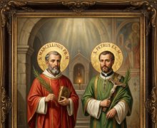 Pintura digital em estilo clássico de retrato católico representando Santos Marcelino e Pedro, inserida em uma moldura de madeira escura com ornamentos esculpidos e detalhes dourados. À esquerda, São Marcelino é retratado de meio corpo como um sacerdote maduro de barba grisalha, com uma auréola dourada circular com a inscrição "S. MARCELLINUS PB. M.". Ele veste uma túnica branca sob uma casula litúrgica vermelha com detalhes dourados, segurando uma palma de martírio verde na mão direita e um livro bíblico antigo com uma cruz na capa com a mão esquerda. À direita, São Pedro é retratado de meio corpo como um homem jovem de barba curta e castanha, com uma auréola dourada circular com a inscrição "S. PETRUS EX. M.". Ele veste uma túnica branca sob uma dalmática ou túnica litúrgica verde com bordados dourados, segurando uma palma de martírio verde na mão esquerda e um crucifixo de madeira rústica erguido com a mão direita. O cenário ao fundo recria o interior de uma capela ou cripta de pedra com um arco arquitetônico iluminado por raios de sol celestiais e um pequeno altar com uma vela acesa. Na base do retrato, encontra-se uma pequena faixa branca em formato de pergaminho com o texto: "NOSSOS SANTOS CATÓLICOS".