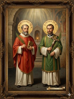 Pintura digital em estilo clássico de retrato católico representando Santos Marcelino e Pedro, inserida em uma moldura de madeira escura com ornamentos esculpidos e detalhes dourados. À esquerda, São Marcelino é retratado de meio corpo como um sacerdote maduro de barba grisalha, com uma auréola dourada circular com a inscrição "S. MARCELLINUS PB. M.". Ele veste uma túnica branca sob uma casula litúrgica vermelha com detalhes dourados, segurando uma palma de martírio verde na mão direita e um livro bíblico antigo com uma cruz na capa com a mão esquerda. À direita, São Pedro é retratado de meio corpo como um homem jovem de barba curta e castanha, com uma auréola dourada circular com a inscrição "S. PETRUS EX. M.". Ele veste uma túnica branca sob uma dalmática ou túnica litúrgica verde com bordados dourados, segurando uma palma de martírio verde na mão esquerda e um crucifixo de madeira rústica erguido com a mão direita. O cenário ao fundo recria o interior de uma capela ou cripta de pedra com um arco arquitetônico iluminado por raios de sol celestiais e um pequeno altar com uma vela acesa. Na base do retrato, encontra-se uma pequena faixa branca em formato de pergaminho com o texto: "NOSSOS SANTOS CATÓLICOS".