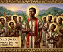 Retrato religioso de São Carlos Lwanga e companheiros mártires africanos, segurando ramos de palma em uma paisagem de Uganda.