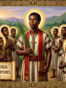 Retrato religioso de São Carlos Lwanga e companheiros mártires africanos, segurando ramos de palma em uma paisagem de Uganda.