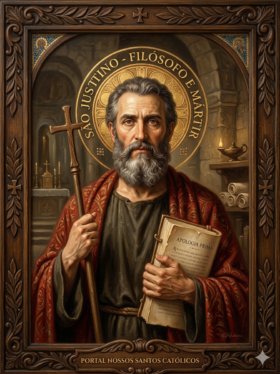 Retrato católico de São Justino Filósofo e Mártir representado de meio corpo, inserido em uma moldura de madeira escura ricamente entalhada com detalhes de folhas e uma cruz no topo. O santo é retratado como um homem maduro, com cabelos curtos e uma barba cheia e grisalha, cercado por uma grande auréola dourada luminosa onde se lê a inscrição "SÃO JUSTINO - FILÓSOFO E MÁRTIR". Ele veste uma túnica escura sob um manto vermelho estampado com arabescos dourados. Com a mão direita, segura firmemente um crucifixo de madeira rústica; com a mão esquerda, ampara um livro antigo aberto onde se lê a inscrição "APOLOGIA PRIMA". O cenário ao fundo recria o interior de uma capela de pedra, exibindo um altar iluminado por velas e uma lamparina acesa sobre uma prateleira com pergaminhos enrolados. Na base, uma placa de madeira traz a inscrição "PORTAL NOSSOS SANTOS CATÓLICOS".